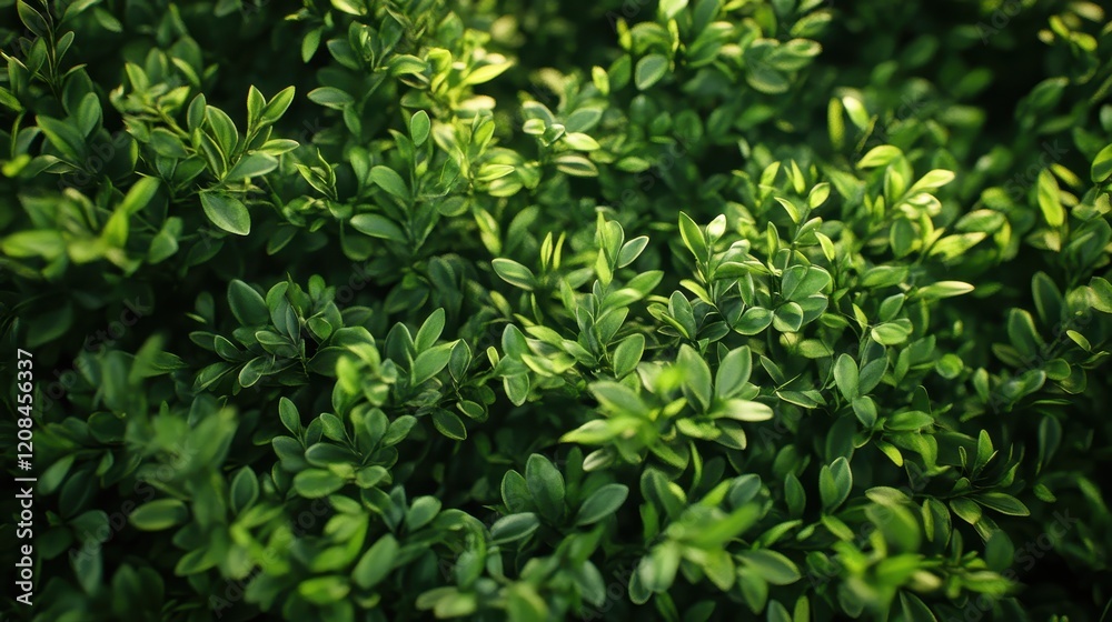 Lush green boxwood foliage close-up in sunlight Lush green boxwood foliage close-up in sunlight