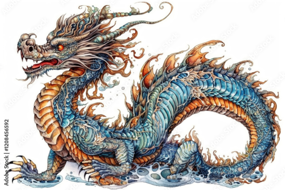 Fototapeta premium watercolor drawing of a dragon on a white background., watercolor style, Generative AI