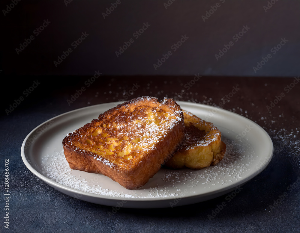 Two torrijas with sugar and honey on plate on wooden table Two torrijas with sugar and honey on plate on wooden table