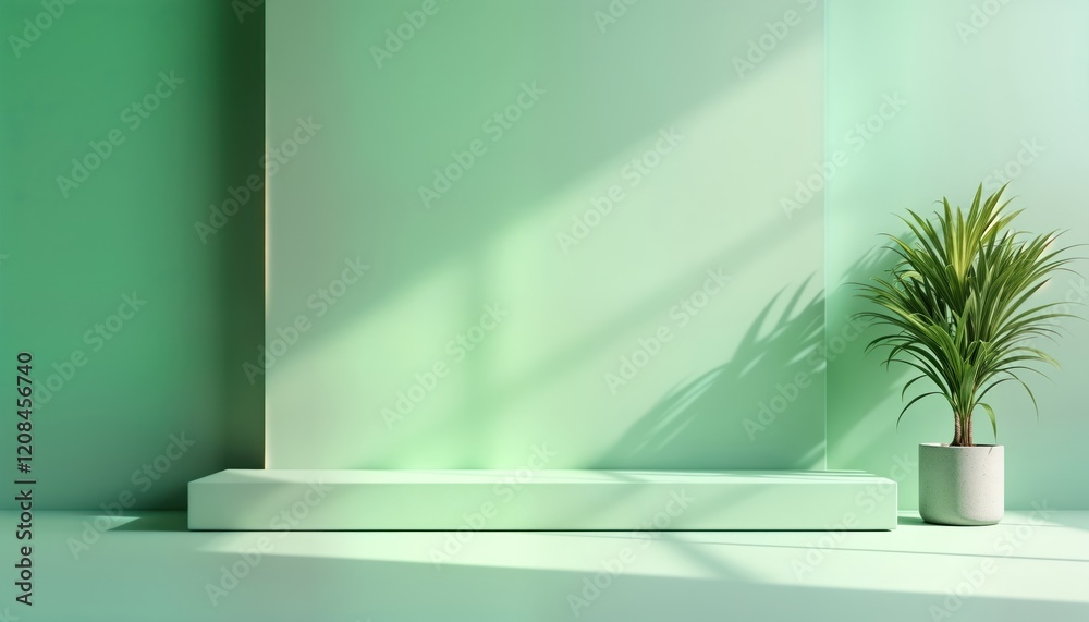 Empty mint green studio room with gradient light. Empty platform dais for product presentation. Minimalist design. Green plant in pot. Stylish interior. Modern space. Summer atmosphere. Ideal for Empty mint green studio room with gradient light. Empty platform dais for product presentation. Minimalist design. Green plant in pot. Stylish interior. Modern space. Summer atmosphere. Ideal for