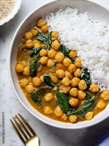 Creamy chickpea curry with spinach accompanied by a serving of rice makes for a meatless and nutritious meal.
