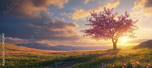 beautiful spring landscape with a blooming tree in the forest.