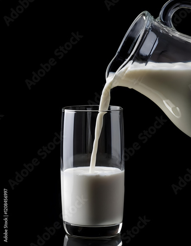 Glass jug pouring milk into a glass on a black background