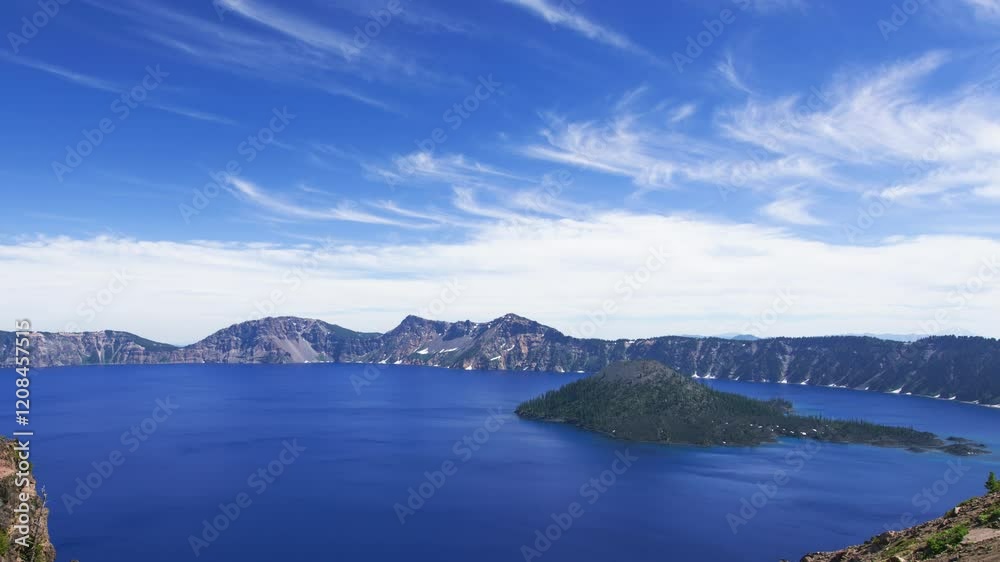 Crater Lake National Park Wizard Island Wide Shot from Rim Drive Pan L Oregon USA Crater Lake National Park Wizard Island Wide Shot from Rim Drive Pan L Oregon USA