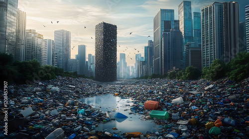 Dystopian cityscape where plastic waste towers over skyscrapers, environmental pollution photo