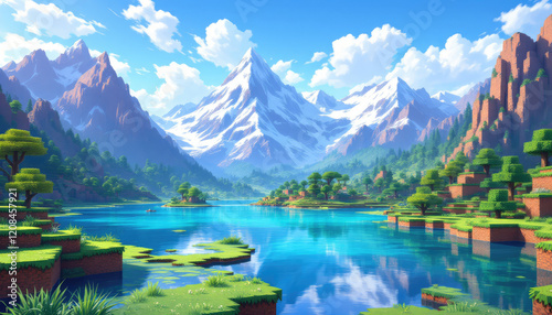 A digital illustration of a mountain landscape, featuring a lake, trees, and mountains with snow-capped peaks. Pixel art background, pixel art wallpaper