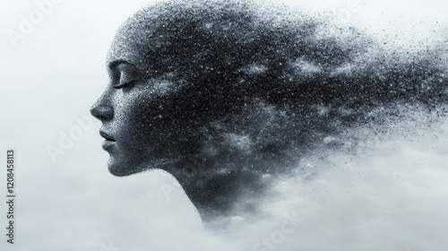 A striking silhouette of a person with their head dissolving into fragmented thoughts symbolizing mental struggle disintegration with a minimalistic blurred background and blank space for captions

