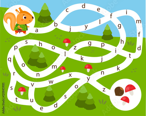 Alphabet Maze puzzle. Help squirrel find way to mushrooms. Animals theme Activity for toddlers. educational children game