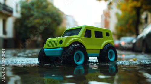 Colorful Toy SUV on Wet Surface