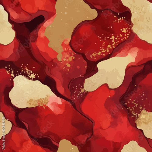 High resolution. Luxury abstract fluid art painting with alcohol ink technique, mix of red, blood red and gold paint. Imitation of marble stone cut, shining gold veins. Vector illustration