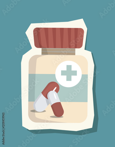 Illustrated medicine bottle with a red cap, cross symbol, and capsules beside it. Simple design on a teal background. Concept of healthcare and pharmacy. Vector illustration