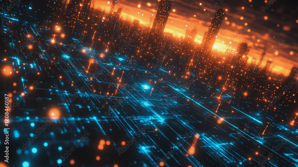 Smart digital Innovation city with connection network reciprocity over the cityscape. of future smart wireless digital city and social media networking systems that connects people with in city