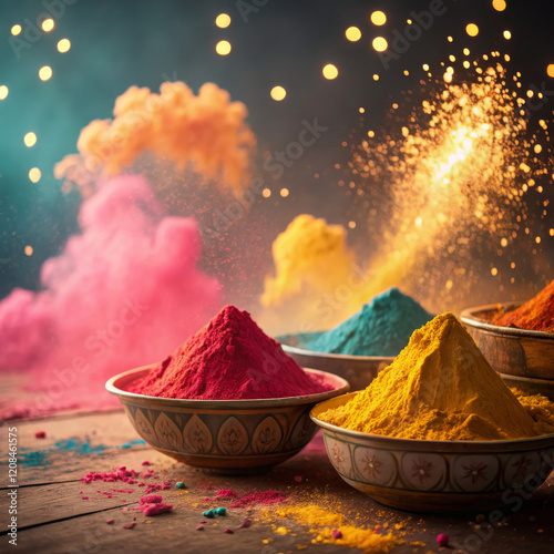 Colorful Holi Powders In Decorative Bowls On A Rustic Surface, India, Celebrating Holi Festival, Businesses Related To Cultural Events, Holidays, Festivals, Represents Joy And Culture. photo