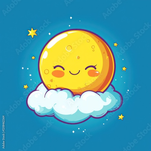 Happy Smiling Moon Resting On A Fluffy Cloud