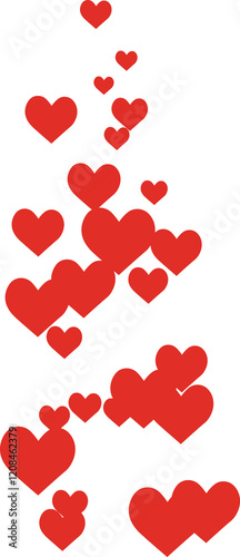 Red hearts falling design element for Valentines Day, love, romance, passion, affection, wedding, anniversary, greeting cards, celebration, holiday, decor, clipart, transparent background.