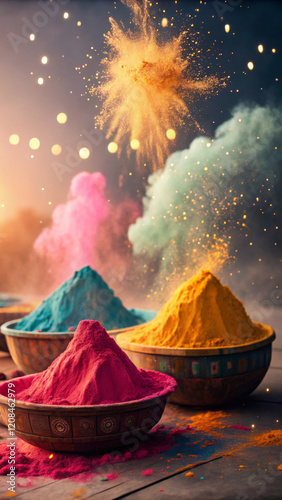 Colorful Holi Powders In Decorative Bowls On A Rustic Surface, India, Celebrating Holi Festival, Businesses Related To Cultural Events, Holidays, Festivals, Represents Joy And Culture. photo