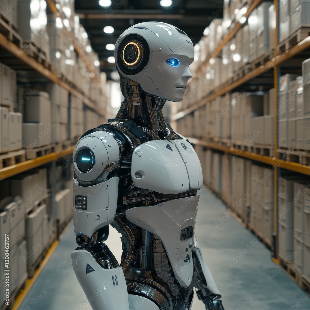 Fototapeta premium a futuristic humanoid robot navigating a terrain inside a simulated warehouse technology environment photorealistic 
