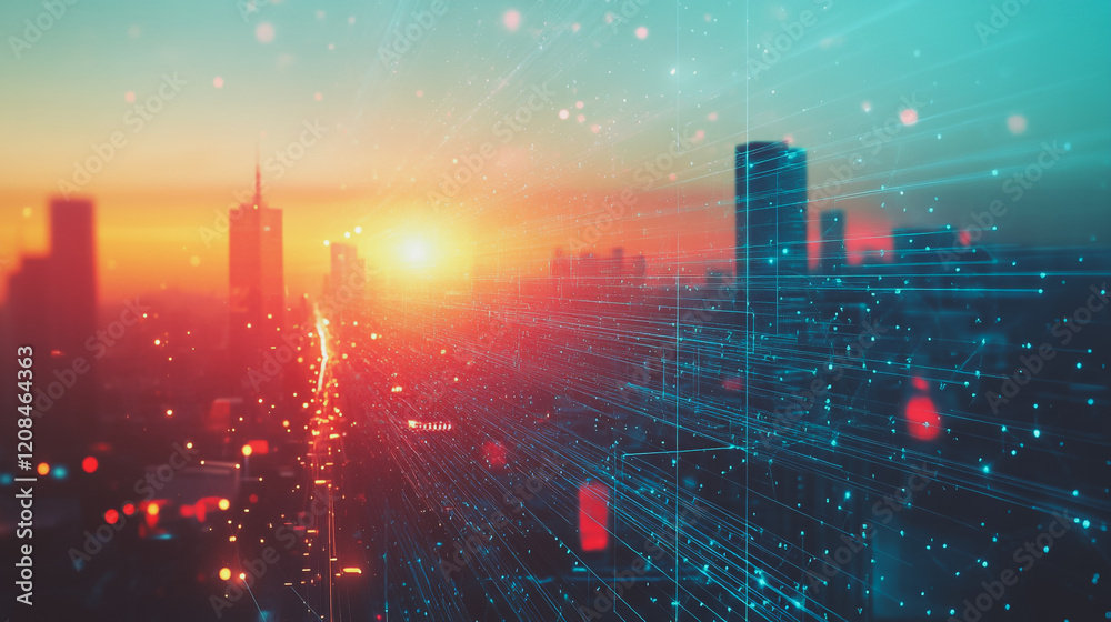 Obraz premium Smart digital Innovation city with connection network reciprocity over the cityscape. of future smart wireless digital city and social media networking systems that connects people with in city