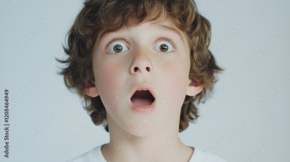 Surprised young boy with curly hair and open mouth expression against plain background Surprised young boy with curly hair and open mouth expression against plain background