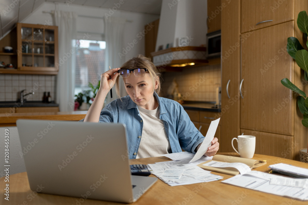 A woman looks into a modern laptop in the kitchen. She holds a piece of paper in her hand, in front of her is a laptop, a calculator, documents and a cup. Concept: finance, home office, organization. A woman looks into a modern laptop in the kitchen. She holds a piece of paper in her hand, in front of her is a laptop, a calculator, documents and a cup. Concept: finance, home office, organization.