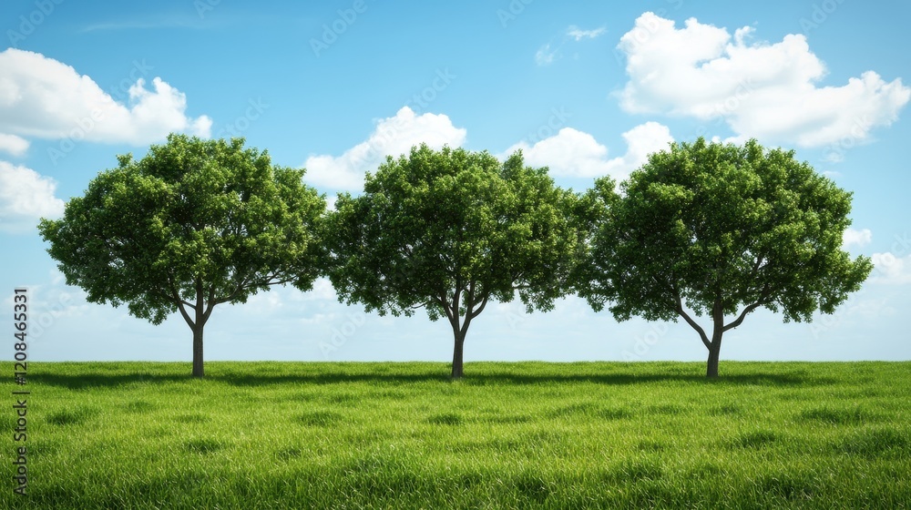 Three lush green trees in a sunny field landscape Three lush green trees in a sunny field landscape