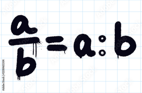 Graffiti mathematical ratio illustration. Bold black spray paint strokes on a grid paper background. Trendy Y2K urban street style. Grunge educational symbols.