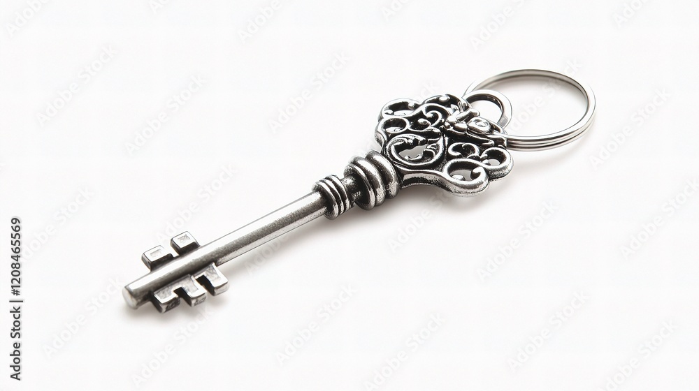 Elegant Silver Key on Ring Isolated against White Background Elegant Silver Key on Ring Isolated against White Background