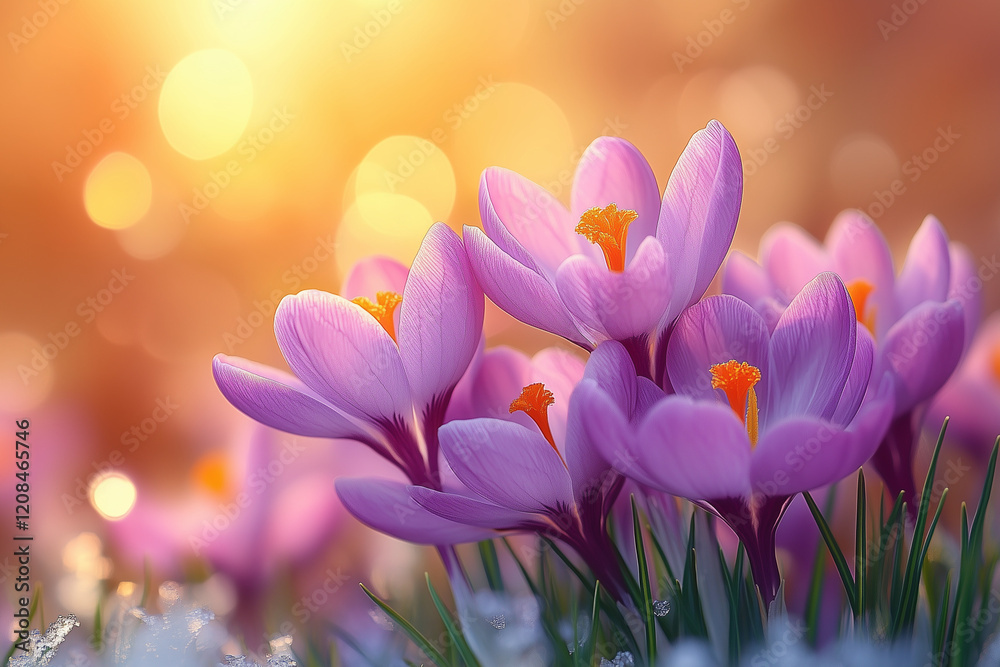 Fototapeta premium Vibrant purple crocus flowers with bright orange centers illuminated by soft sunlight and bokeh 