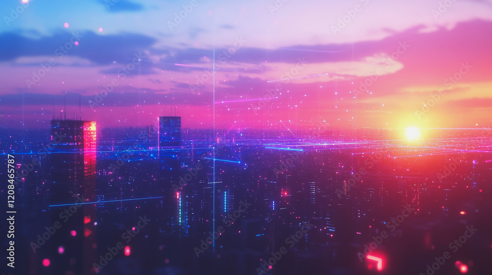 Fototapeta premium Smart digital Innovation city with connection network reciprocity over the cityscape. of future smart wireless digital city and social media networking systems that connects people with in city