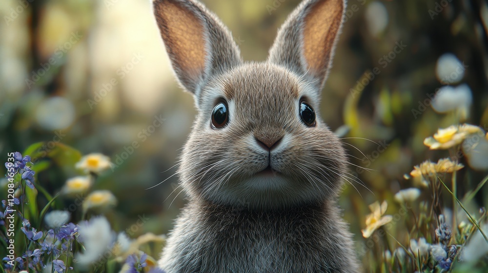 Fototapeta premium Ultra realistic easter bunny in blooming meadow scene for holiday design
