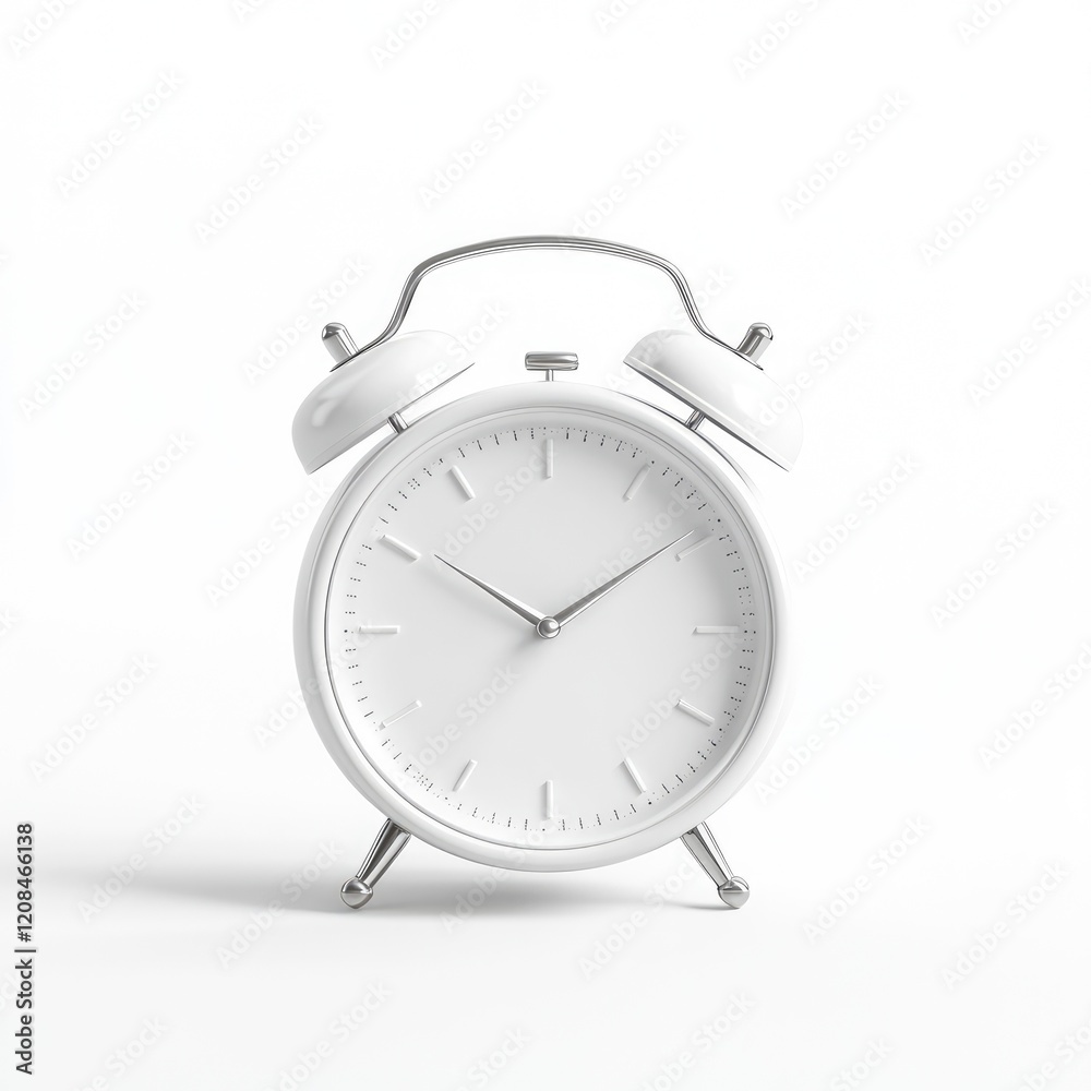 Classic metallic silver alarm clock with white clock face and streamlined design on a white background Classic metallic silver alarm clock with white clock face and streamlined design on a white background
