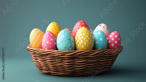 Colorful easter eggs in wicker basket for holiday decoration and celebration