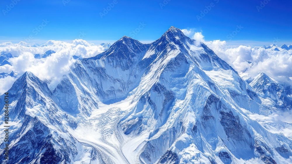 Obraz premium Aerial view of Himalayan peak, snow-capped mountains, clouds, adventure travel poster
