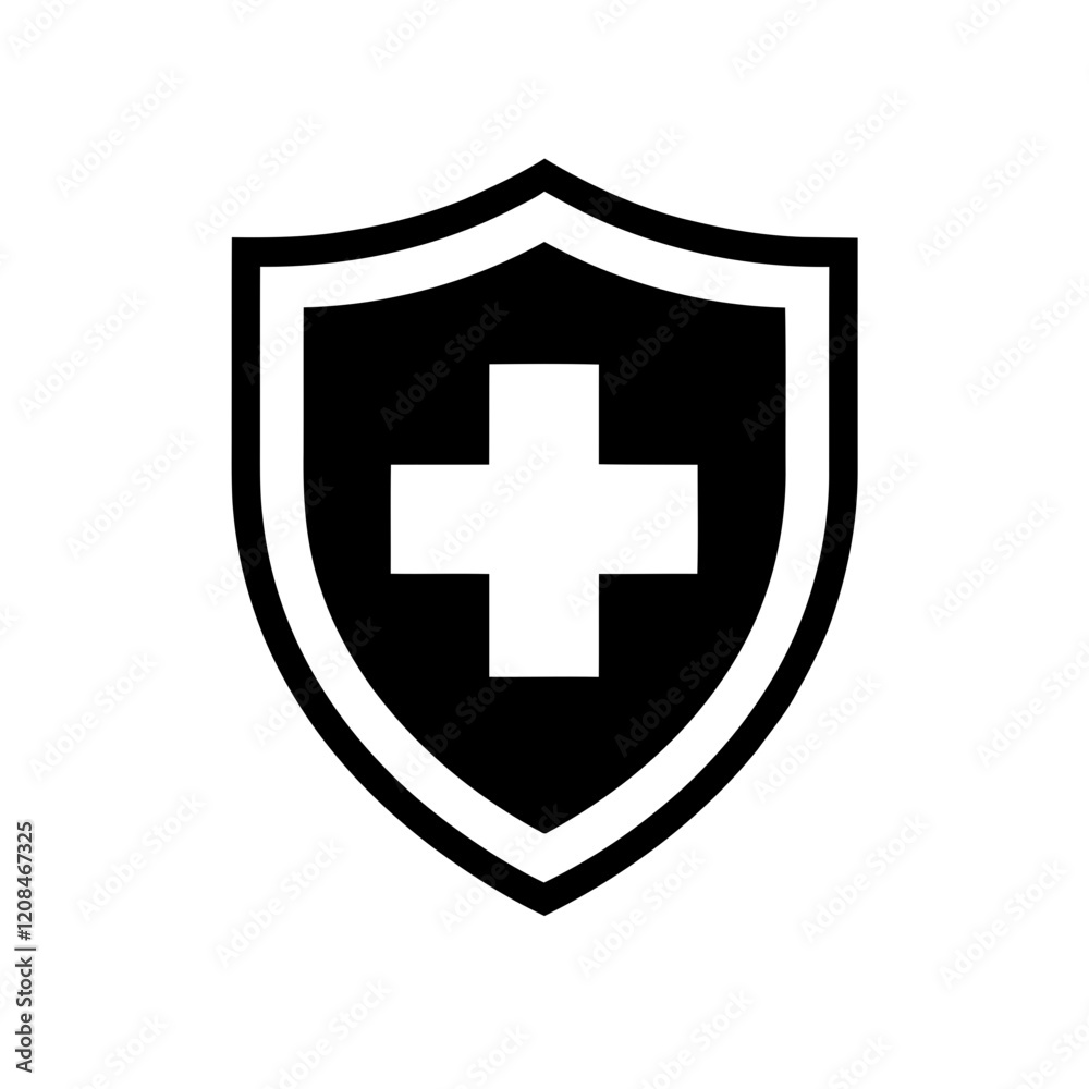 Antivirus icon. Protection Shield with Cross in Black and White Antivirus icon. Protection Shield with Cross in Black and White