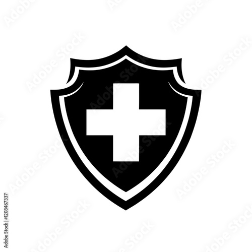 Antivirus icon. Minimalist Shield and Cross Protection Icon in Black and White for Security and Healthcare Applications