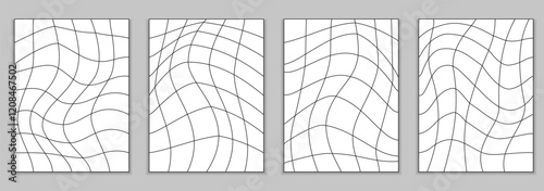 A set of psychedelic draughts backgrounds with a deformed mesh. Black and white line. Vector