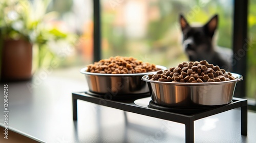 Dog food bowls, kitchen, pet waiting, window view, mealtime photo