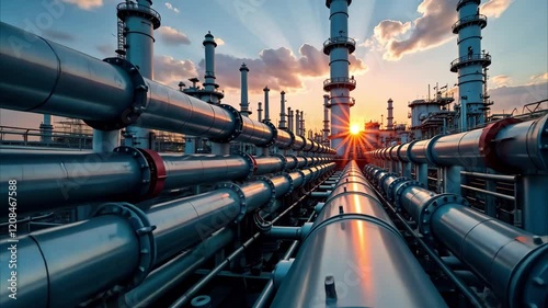 landscape with gas pipeline and plant against sunset background. fpv top view of iron pipes of plant. Monitoring and maintenance of liquid natural gas.
