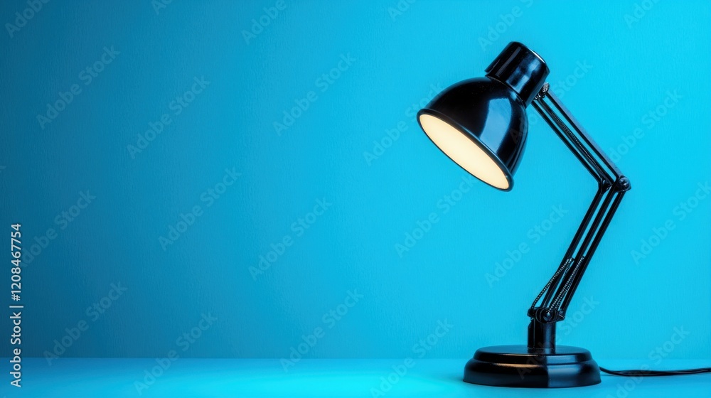 Illuminated desk lamp on blue background, workspace (1) Illuminated desk lamp on blue background, workspace (1)
