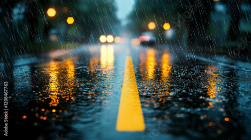 A dangerous, wet road stretching into a stormy horizon with blurred traffic lights in the background symbolizing chaos, uncertainty, and trepidation during bad weather conditions.

 photo