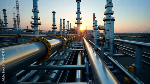 landscape with gas pipeline and plant against sunset background. fpv top view of iron pipes of plant. Monitoring and maintenance of liquid natural gas.