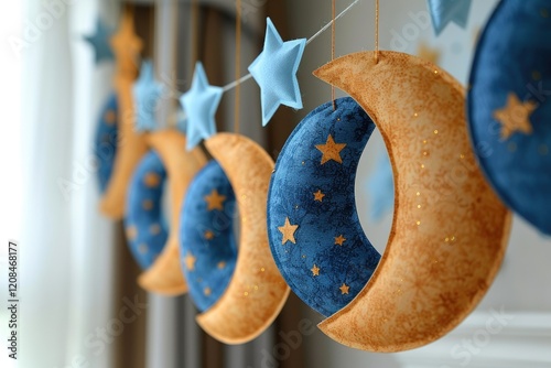 Blue and gold crescent moons and stars mobile decor photo