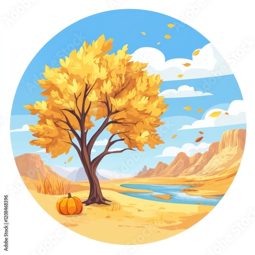 Autumnal Landscape Featuring a Golden Tree and Pumpkin