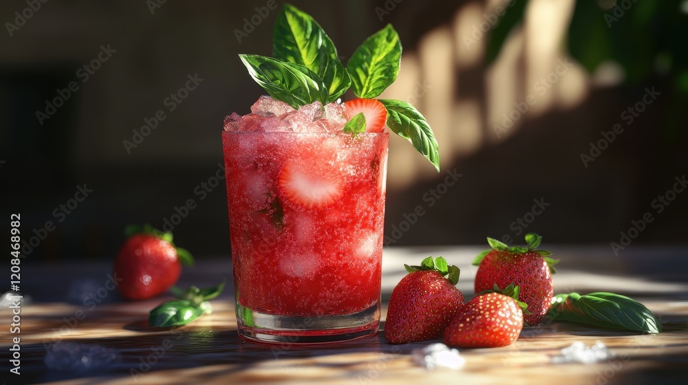Refreshing strawberry cocktail with basil garnish in sunlit setting Refreshing strawberry cocktail with basil garnish in sunlit setting