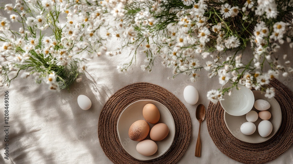 Easter table setting with eggs and spring blossoms for festive meal inspiration