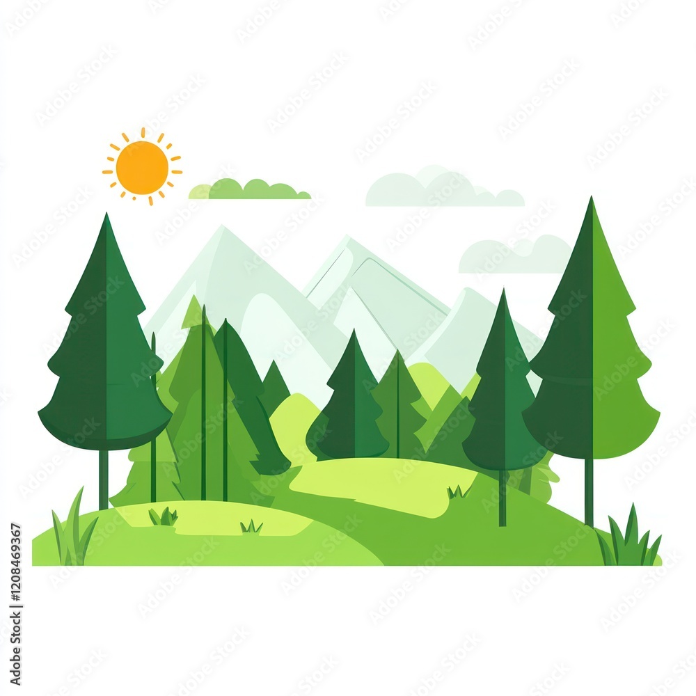 Obraz premium Sunny Day Scenic Mountain Landscape With Green Trees