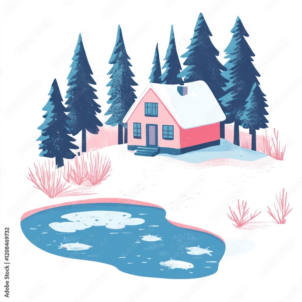 Fototapeta premium Pink Winter Cabin Beside Frosty Pond And Pine Trees