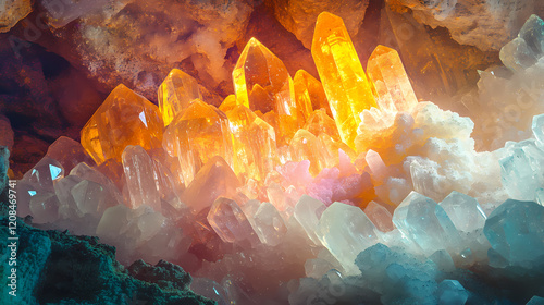 Crystal formations shimmering in soft luminescence, light, stalagmites. Shimmering Cave. Illustration