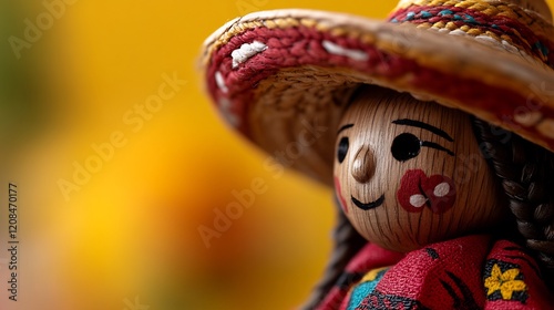 Close-up of a charming wooden doll wearing a vibrant sombrero, a delightful Mexican folk art figurine.