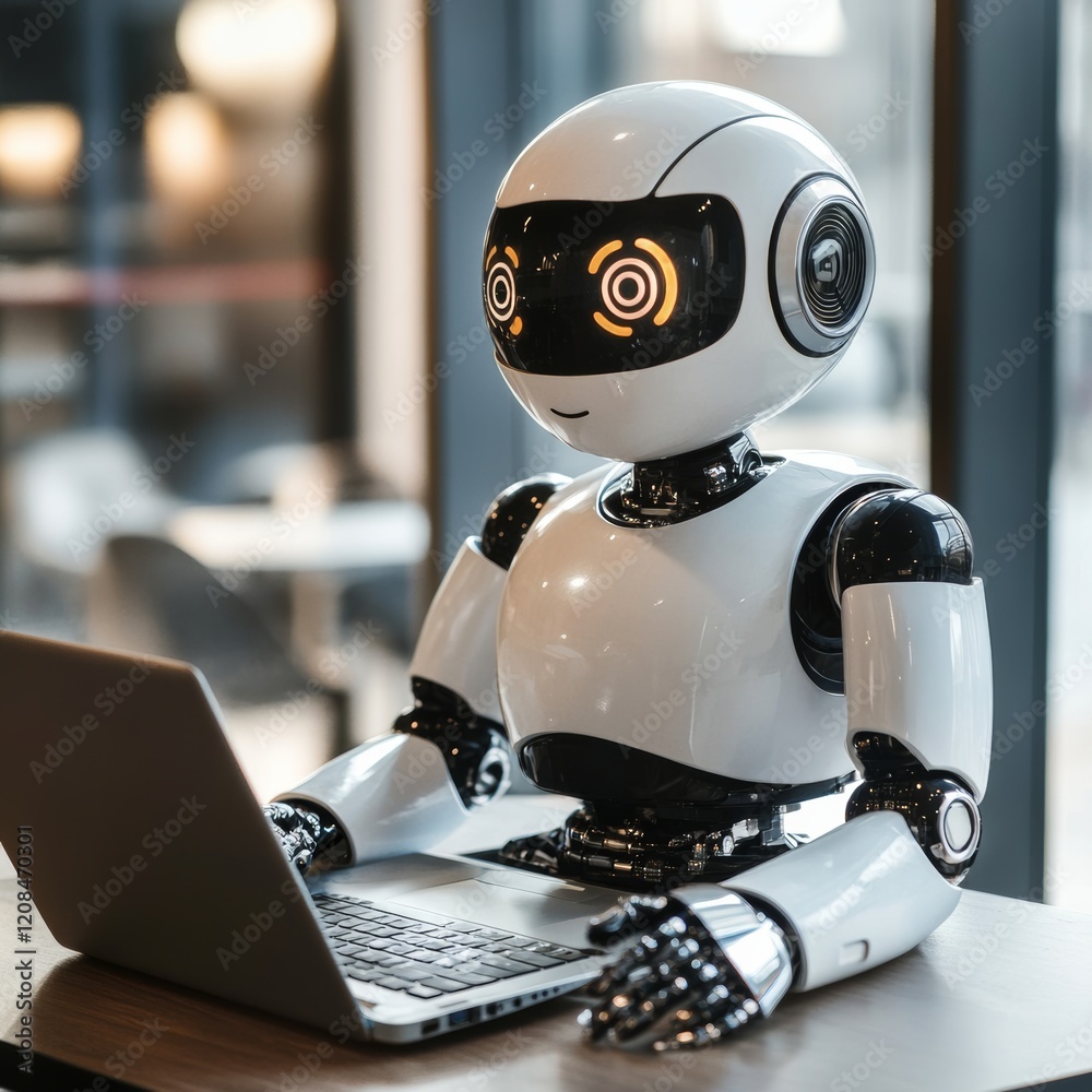 Fototapeta premium friendly ai robot working at a laptop in an office 